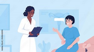 Animated gynecology illustration. Medical consultation. Gynecologist visit. Looped flat color 2D cartoon characters animation video in HD with hospital interior on transparent background