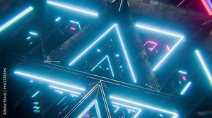 Slow flight forward is an endless tunnel. Movement of the camera through neon luminous triangles. Movement of the camera through futuristic triangles. VJ Loop Animation