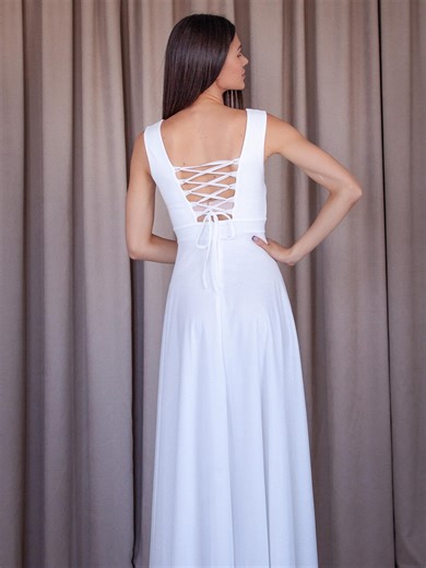 Floor Length White V-neck Dress With Sleeveless Design and Lace up Back for Weddings - Etsy
