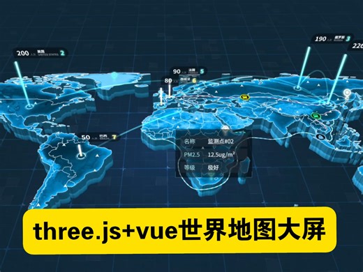 three.js+vue蓝色世界地图可视化大屏