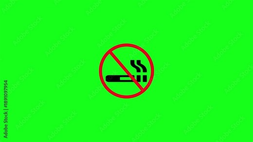 No smoking sign with cigarette icon and prohibition red cross sign animation. Clear prohibition sign warns against smoking, healthy environments and public spaces animated on green background.
