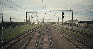 Cinematic shot: Train journey point of view from driver's view. Railway Track Seen from Train Perspective POV. Shaking from motion. 4k