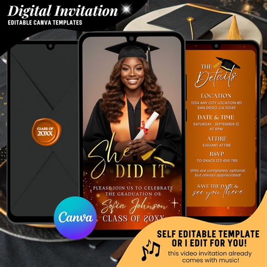 Orange Graduation Video Invitation, College or High School, All Text Are Editable : Instant Download - Etsy