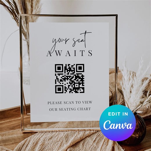 Your Seat Awaits QR Code Sign, Printable Seating Chart Sign 8x10, Scan to View Seating Chart, Editable Canva Template, Wedding Sign - Etsy