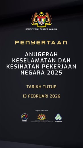 -[ANUGERAH KESELAMATAN DAN KESIHATAN PEKERJAAN NEGARA (AKKPN) 2025]- Majlis Negara bagi Keselamatan dan Kesihatan Pekerjaan (MNKKP) bersama Jabatan Keselamatan dan Kesihatan Pekerjaan (JKKP) akan menganjurkan Anugerah Keselamatan dan Kesihatan Pekerjaan Negara (AKKPN) 2025. Anugerah ini diadakan setiap tahun bertujuan bagi memberi pengiktirafan kepada organisasi dan individu yang telah menunjukkan komitmen yang tinggi serta prestasi cemerlang dalam pelaksanaan sistem pengurusan Keselamatan dan K
