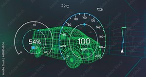 Animation of speedometer, gps and charge status data on vehicle interface, over 3d van model