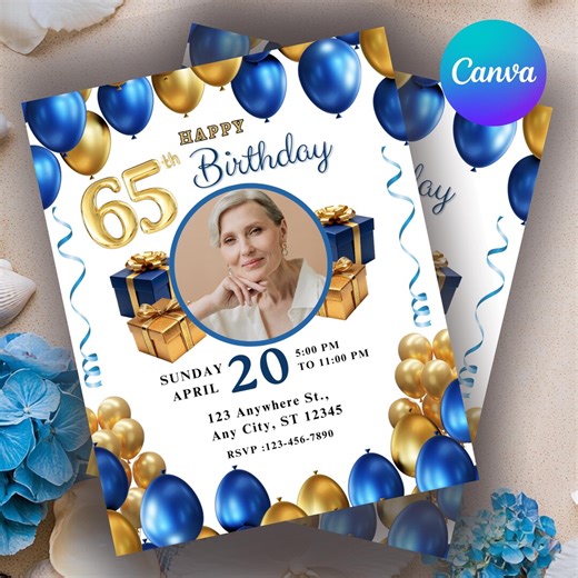 Elegant Blue & Gold Birthday Invitation | Adult Birthday Invite | Editable Template | Modern Adult Celebration Invite | Birthday Invite - Etsy