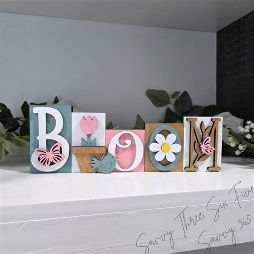 Bloom Wood Shelf Sitter | Spring Fireplace Decor Mantel | Flowers & Butterflies | Block Letters Centerpiece Sign - Etsy