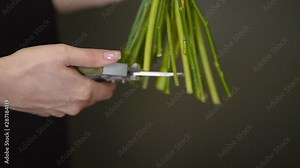 Florist cutting flower stems in the flower shop