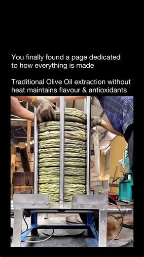How Everything Is Made on Instagram: "Traditional olive oil extraction without heat preserves the olives’ natural flavor and antioxidants through a slow, hand-pressing process. Fresh olives are crushed into a paste, then gently pressed to separate the oil from water and solids — with no heat or chemicals added. By keeping vitamins, polyphenols, and healthy fats intact, this method creates an oil known for supporting heart health, digestion, and immunity. Its purity also makes it ideal for natura