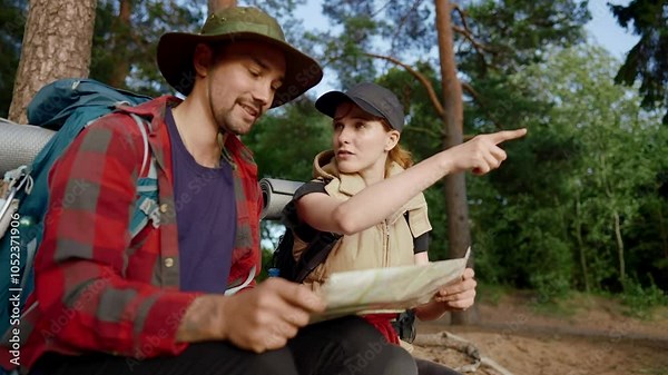 Active lifestyle and leisure in nature in summer day, man and woman with map. Local tourism and traveling in beautiful natural park area, weekend trip in forest, people communication, teamwork