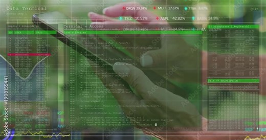 Woman's hands tapping tablet, initiating finance overlays and reviewing data graphs ticker table