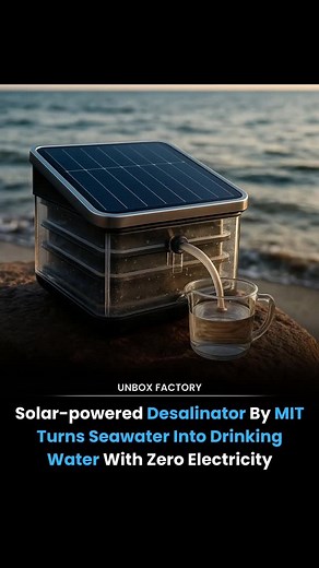 Tech Hub on Instagram: "MIT researchers have developed a solar-powered desalination system that turns seawater into drinking water without using electricity. This innovation is a major leap for water-scarce regions. The system uses sunlight to create vapor, which is then condensed into pure drinking water. Unlike conventional desalination plants that require large amounts of electricity and emit carbon dioxide, this design is simple, portable, and emission-free. Field trials have shown the devic