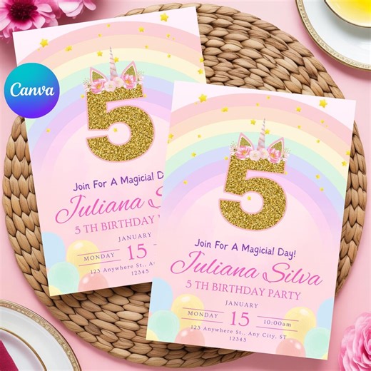 Unicorn Fifth Birthday Invitation, Editable Canva 5th Birthday Invite, Rainbow Unicorn Birthday Invitation, Girl 5th Birthday Party - Etsy