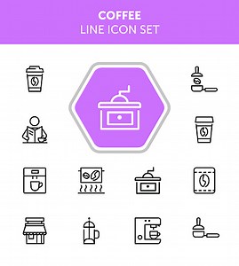 Coffee line icon set. Takeaway cup, grinder, bean. Coffee break...