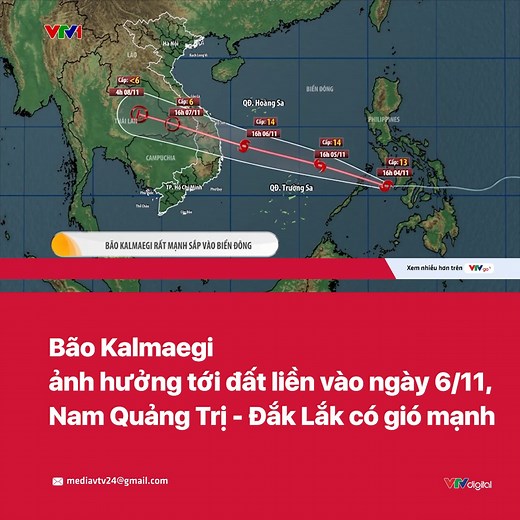 959K views · 9.3K reactions | Lúc 16h hôm nay (4/11), bão Kalmaegi trên vùng biển phía Tây miền Trung Philippines, cách đảo Song Tử Tây khoảng 770 km về phía Đông, sức gió mạnh nhất gần tâm bão 149 km/h, cấp 13, giật cấp 17 và theo hướng Tây với tốc độ khoảng 25 km/h. | VTV24 | Facebook