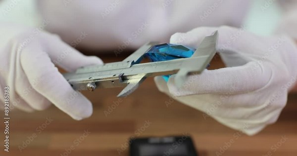 Jeweler measures diameter of large diamond at table. Man ensures precision in assessment of size essential for crafting exquisite pieces