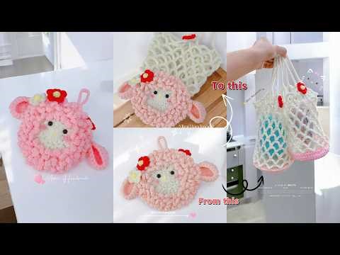 Móc Túi Cừu Đựng Đồ, Bình Nước Lưới Rút Gọn Tiện Lợi Dễ Thương 🐑 Crochet Sheep Tumbler Holder Bag