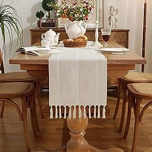 Pocass Farmhouse Table Runner Rustic Table Runners with Handmade Tassel, Vintage Woven Cotton Linen Table Runner 72 inches Long for Party Dining Table Decoration (Ivory, 13x72 inch)