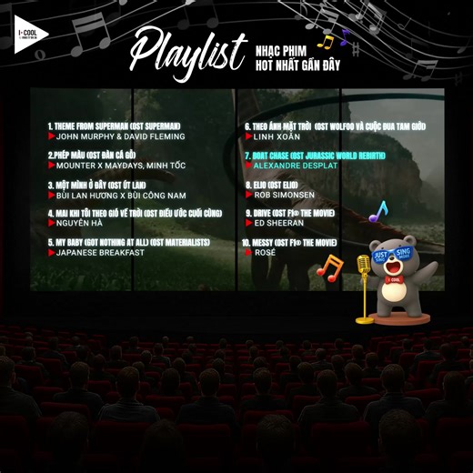 🎬 PLAYLIST NHẠC PHIM HOT NHẤT GẦN ĐÂY 🎬 𝐵𝑎̣𝑛 𝑐𝑜́ 𝑡𝑢̛̀𝑛𝑔 𝑟𝑜̛̀𝑖 𝑟𝑎̣𝑝 𝑝ℎ𝑖𝑚 𝑚𝑎̀ 𝑣𝑎̂̃𝑛 𝑑𝑎𝑦 𝑑𝑢̛́𝑡 𝑣𝑖̀… 𝑛ℎ𝑢̛̃𝑛𝑔 𝑔𝑖𝑎𝑖 đ𝑖𝑒̣̂𝑢 𝑐𝑢𝑜̂́𝑖 𝑝ℎ𝑖𝑚? 📽️ Nếu “lụy” quá thì đã có ICOOL tổng hợp lại tất cả những bản nhạc phim đang "on trend", để đưa bạn đi từ phân cảnh lấy nước mắt đến khoảnh khắc bùng nổ như phim hành động. 🎤 Chỉ cần cầm mic lên và thả cảm xúc, phòng hát ở ICOOL sẽ biến thành cả một vũ trụ điện ảnh của riêng bạn. Alo liền cho "đám bestie", hẹn nhau