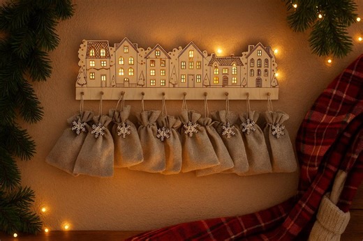 Wooden Advent Calendar Village | 12 Day Countdown With Burlap Bags | Laser Cut Birch Christmas Decor | Hanging Holiday Countdown - Etsy
