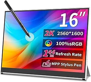 16 Inch 2K Portable Monitor Touchscreen,144hz Gaming Monitor- MPP Stylus Pen Support - HDR,1MS, 100% sRGB,IPS，VESA，Anti-Glare Eye Care Mobile Display for Laptop MINI PC Mac Game Consoles NUC