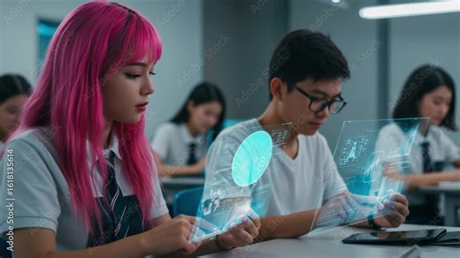 Futuristic Learning: Students Engaged with Holographic Technology in a Modern Classroom Setting, Exploring Digital Interfaces and Interactive Learning Experiences