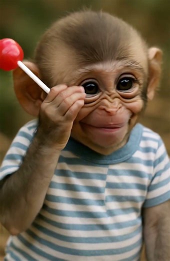Funny Baby Monkey Hits Himself While Eating Lollipop