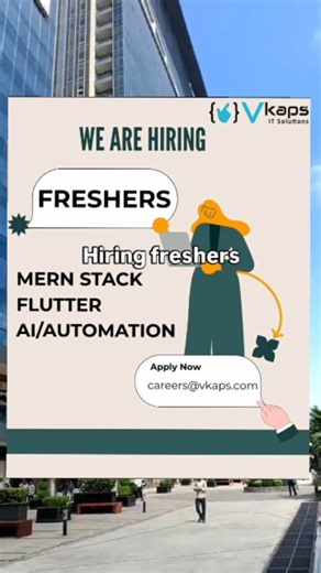 PageNest on Instagram: "VKAPS IT SOLUTIONS is HIRING FRESHERS! If you are passionate about coding and want to start your career in IT, this opportunity is for you! 👨‍💻 Open Positions: • MERN Stack Developer • Flutter Developer • AI / Automation Engineer ✨ Eligibility: ✔ Freshers ✔ Basic knowledge of tech (training provided) ✔ Good communication ✔ Willingness to learn & grow 📩 Apply Now: careers@vkaps.com 🔥 Tag someone who needs this job! 💼 Share this reel to help others! #freshershiring #it