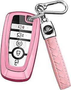QBUC for Ford Key Fob Cover,Compatible with Ford Mustang Fusion Raptor F150 Edge Explorer Expedition Lincoln Aviator Corsair,5 Visual Buttons TPU Key Cover with Keychain (C-Pink)
