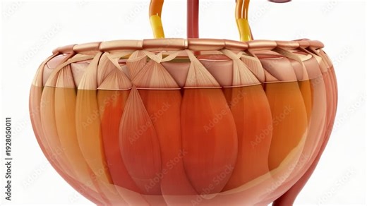 Human bladder anatomy visualization with smooth muscular layer and ureters for education or medical presentations demonstrating organ function