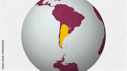 Argentina map. Animated zoom into the country on the Globe in Pale Mint Dark Pink color palette. Country logo animation with round text and airplanes. Map with meridians, parallels. Charming video.