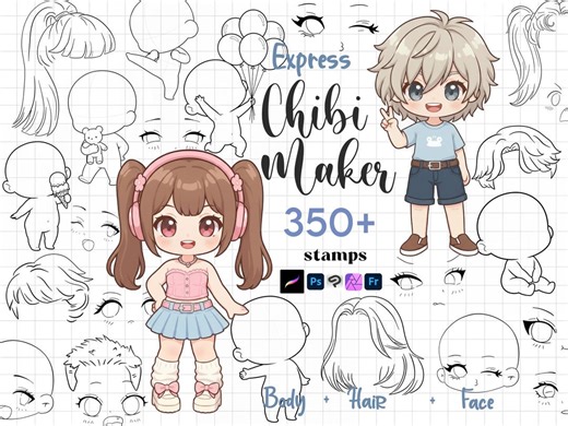 Procreate Chibi Stamps : Chibi Maker Character Creator Base Hair Face Photoshop Clipstudio Brushes - Etsy