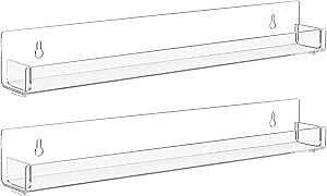 2 Pack Clear Nail Polish Rack Wall Mounted,15 inch Invisible Acrylic Floating Bookshelf,Small Toy Storage Wall Shelf Modern Picture Ledge Vinyl Record Display Shelf Holder