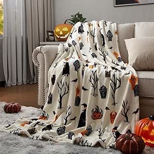 Haunted Halloween Blanket 50” x 70” Reversible Ghost Witch's Hat Print Fleece Throw Blanket, 320 GSM Surper Soft Warm Cozy Fall Blanket for Couch Sofa, Halloween Harvest Gifts and Home Pumpkin Decor