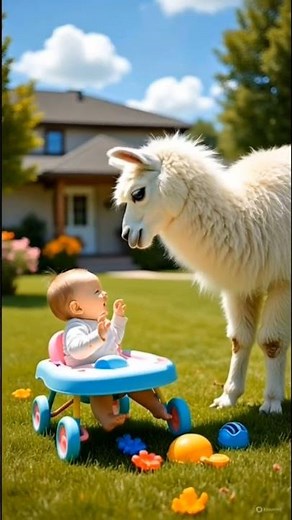 Sweet lama playing with cute baby