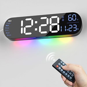 Hansang Digital Wall Clock with Remote Control, Auto-Dimming and 9 Colors, The Large Digital Clock Features a 13.7-In Wide Display