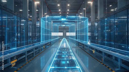 ハイテク工場の動きと奥行きを強調したダイナミック映像