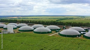 Modern biofuel factory. Aerial view on biofuel plant. Ecological production. Bio gas station. Video from above.