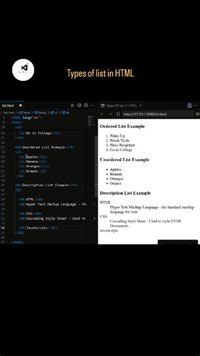 CodeWithMe on Instagram: "Follow for more @code_with___me___ 📌 Types of list in HTML #html #code #coding #list #htmllist"