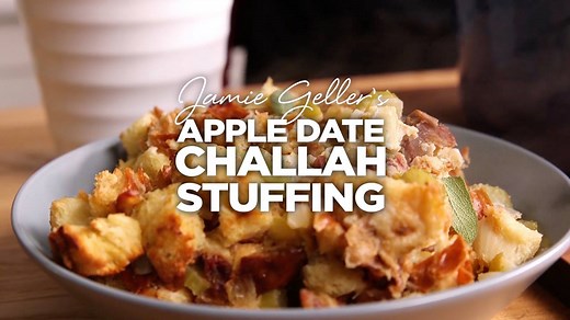 Save your leftover challah to make this amazing stuffing with the sweetness of apples and dates! Find this Thanksgiving recipe and more, here: http://bit.ly/applechallahstuffing | Jamie Geller