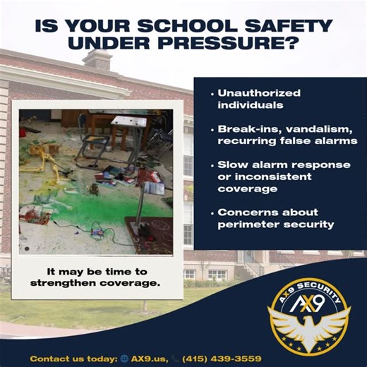 AX9 Security, Inc. on Instagram: "Recent threats at Texas elementary schools are a reminder: school safety can shift from routine to urgent—fast. AX9 Security helps schools stay ready, and we’ve done it before. Here’s proof from the field: a 16-campus school district in San Jose was dealing with break-ins, repeated false alarms, and unhoused encampments before partnering with AX9. We implemented onsite coverage + patrol response, backed by 24/7 dispatch and real-time accountability. Results: -10
