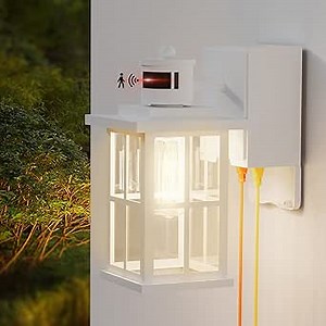 Porch Light with GFCI Outlet: Motion Sensor, 3 Modes - Stylish Wall Lantern for Front Door, Garage, Patio - White