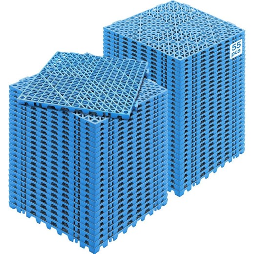 Check The Home Depot's Q&A Before Buying: SKYSHALO Interlocking Drainage Mat Floor Tiles 12 x 12 x 0.6 in. PVC Interlocking Gym Flooring Tiles Mat (Blue 55 Pcs,55 sq ft)