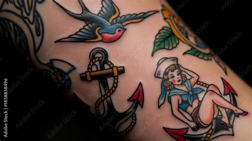 Traditional tattoo art featuring swallow, anchor, and pin up sailor girl. Classic Americana design for body modification.