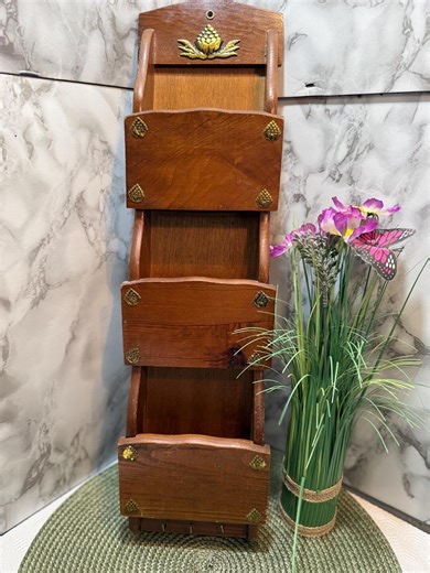 Vintage Wooden Wall Mail Sorter Organizer, Three Tier Letter Holder With Brass Pinecone Accents and Key Hooks - Etsy
