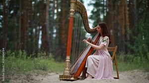 Woman harpist sits at forest and plays harps in beautiful dress against a background of pines. Closeup. Stock Video