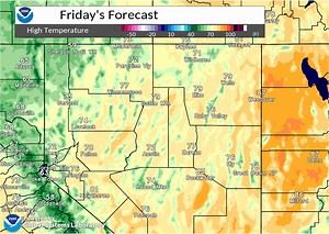 High temperatures throughout Northern and Central Nevada both Monday afternoon and Tuesday afternoon will be near normal for this time of year. A cooling trend is expected Wednesday through Saturday. By Saturday afternoon, high temperatures across Northern and Central Nevada will be around ten degrees below seasonal values. | US National Weather Service Elko NV