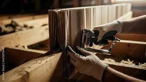Hands tucking a precut cardboard baffle tightly between roof joists then stapling firmly to maintain attic ventilation channels.