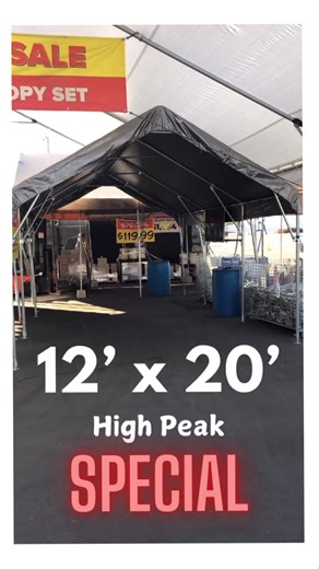 PTM Tarps on Instagram: "Check out our latest High Peak 12’x20’ Special! Includes frame, Valance top cover, bungees and footpads in 1” 5/8 15 gauge for $599.99 OR 1” 3/8 20 gauge for $299.99. TV mount and side panels available and sold separately. #ptm #ptmtarps #canopies #partysupply #paramount #partysupplies #canopy #tent #tarps#special#sale#galvinizedsteel#pipes"